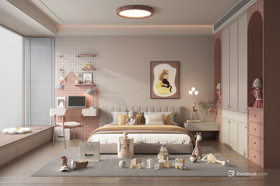 Cozy Kids Room Interior Design With Bed Pillows Decorative Painting Shelves And Toys 3d model 