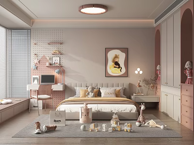 Cozy Kids Room Interior Design With Bed Pillows Decorative Painting Shelves And Toys 3d model