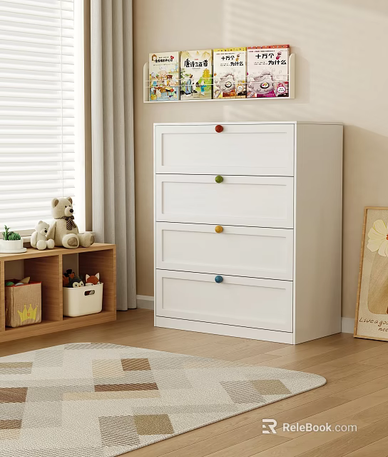 White Chest of Drawers with Multiple Colorful Knobs in Children's Room Wooden Floor 3d model 