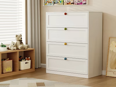 White Chest of Drawers with Multiple Colorful Knobs in Children's Room Wooden Floor 3d model