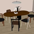 Modern Oval Wooden Dining Table Set With Various Designed Chairs Natural Light And Decorative Items