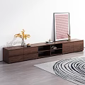 Walnut Wooden TV Stand with Decorative Vase Artwork Deer Ornament and Rug