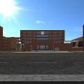 Red Brick Multi Story School Building With Large Windows Trees And Cars On Road