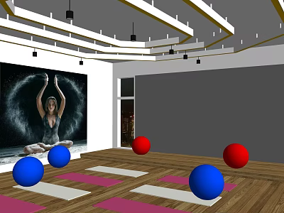 Indoor Yoga Fitness Studio With Yoga Wall Art Colorful Balls And Mats 3d model