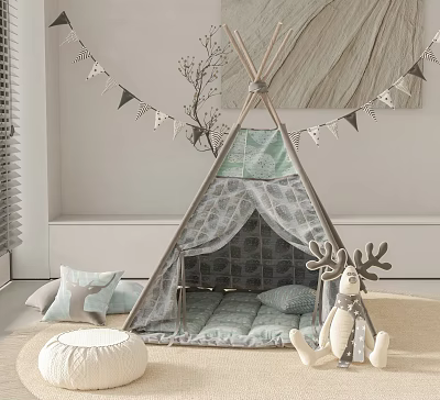 Indoor Light Green And Gray Tipi Tent With Bunting Flags Mattress Pillows Deer Toy 3d model