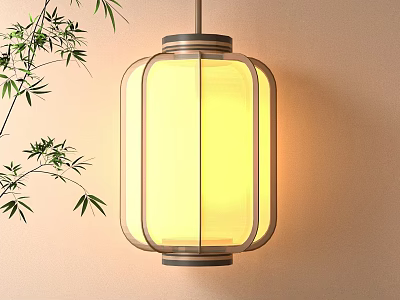 Modern Square Lantern With Glass Warm Yellow Light Hanging By Bamboo Leaves Against Beige Wall 3d model