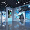 Futuristic Modern Exhibition Hall With Blue Lighting Geometric Ceiling And Interactive Displays 3d model
