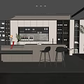 Elegant Modern Restaurant Open Kitchen With Island Counter Cabinets Wine Bottles And Green Plants