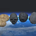 Four Different Meteorite Rocks Floating in Space Above Earth Surface