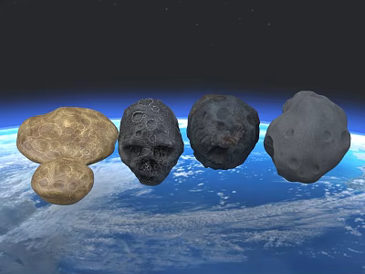 Four Different Meteorite Rocks Floating in Space Above Earth Surface 3d model