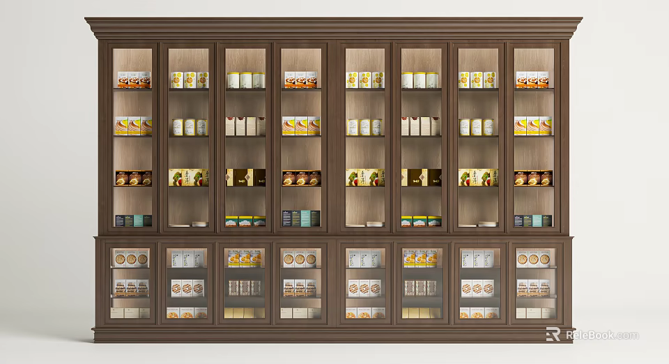 Dark Brown Wooden Display Shelves With Glass Doors And Multiple Assorted Products 3d model 