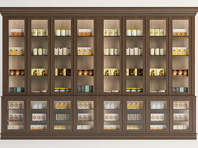 Dark Brown Wooden Display Shelves With Glass Doors And Multiple Assorted Products 3d model