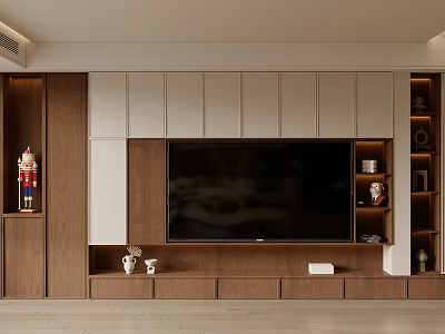 Modern Minimalist TV Background Wall With Wooden Cabinetry And Decorative Items 3d model