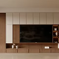 Modern Minimalist TV Background Wall With Wooden Cabinetry And Decorative Items