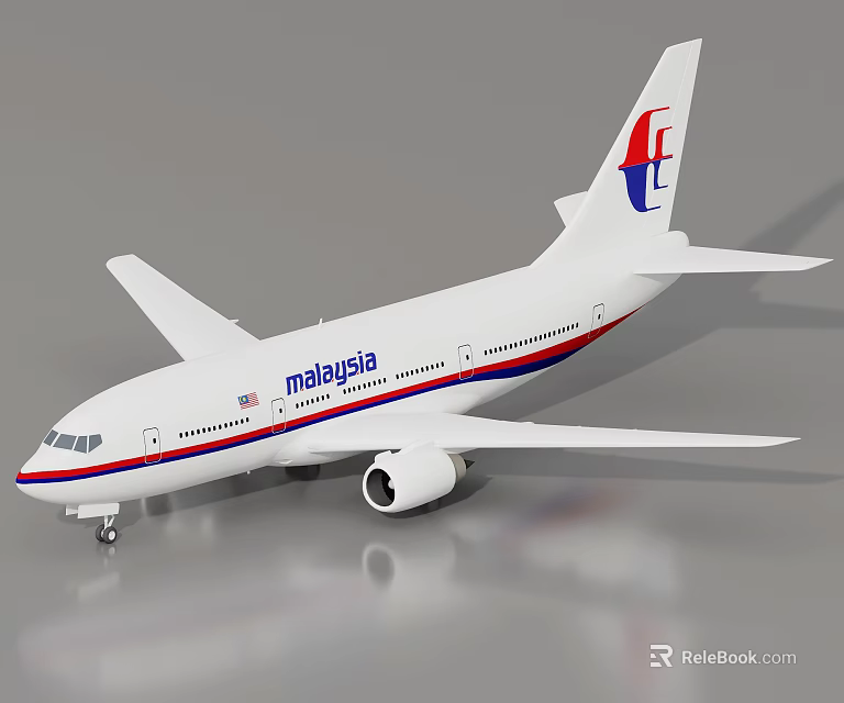 Malaysia Airlines Airliner Model Featuring White Body Blue Red Stripes Wings Engine and Tail 3d model 