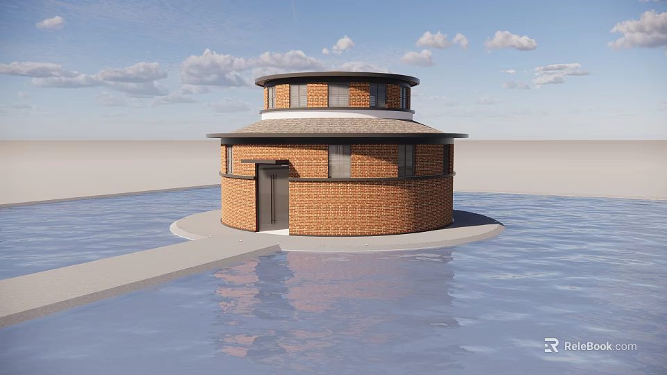 Circular Red Brick Building Standing On Water With Windows And Door Under Cloudy Sky 3d model