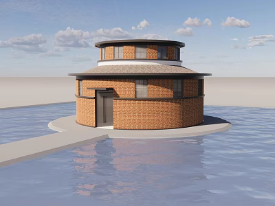 Circular Red Brick Building Standing On Water With Windows And Door Under Cloudy Sky 3d model