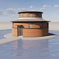 Circular Red Brick Building Standing On Water With Windows And Door Under Cloudy Sky 3d model