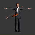Man With Red Hair In Black Suit Holding Orange Violin Arms Outstretched On Gray Background