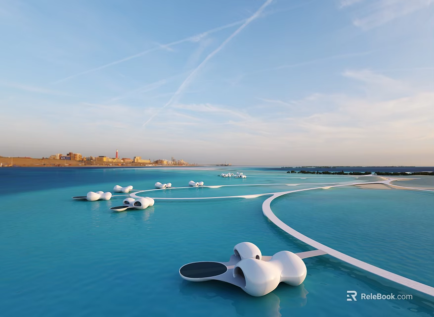 Modern Hotel Architecture Over Turquoise Water With White Curved Structures And Distant Cityscape 3d model 