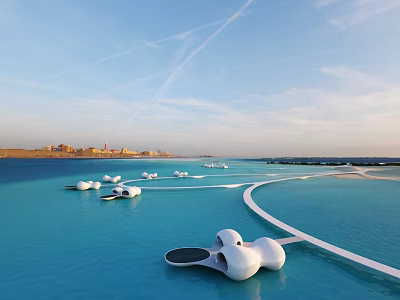 Modern Hotel Architecture Over Turquoise Water With White Curved Structures And Distant Cityscape 3d model