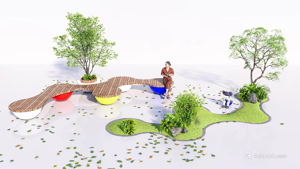 Outdoor Chair With Wooden Design And Colorful Bases Surrounded By Trees And Fallen Leaves 3d model 