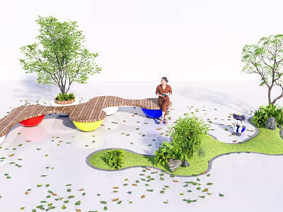 Outdoor Chair With Wooden Design And Colorful Bases Surrounded By Trees And Fallen Leaves 3d model