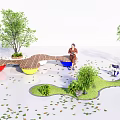 Outdoor Chair With Wooden Design And Colorful Bases Surrounded By Trees And Fallen Leaves