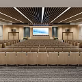Large Conference Room Interior Featuring Multiple Rows Seats Wooden Podium Striped Ceiling Lighting and Windows