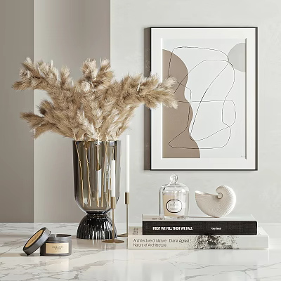 Decorative Ornament Set With Vase Pampas Grass Abstract Art Glass Jar Swan Figurine And Books 3d model