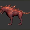 Red 3D Rendered Dog Shaped Monster With Horns Spikes Sharp Teeth Claws And Lava Texture