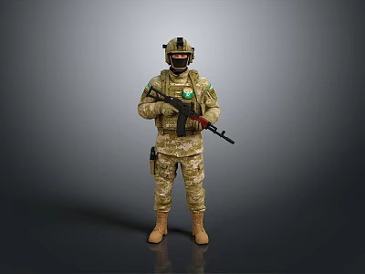 Military Soldier In Camouflage Uniform With Helmet Goggles And Rifle Standing 3d model