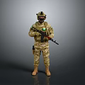 Military Soldier In Camouflage Uniform With Helmet Goggles And Rifle Standing