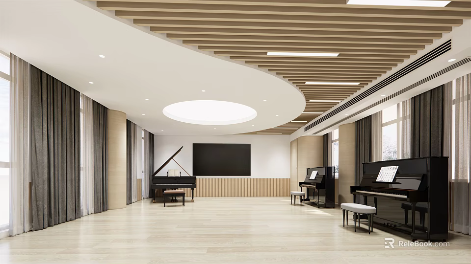 Art Studio Interior With Pianos Blackboard Wooden Ceiling And Large Windows Light Floor 3d model 