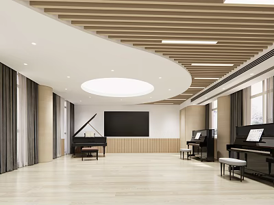 Art Studio Interior With Pianos Blackboard Wooden Ceiling And Large Windows Light Floor 3d model