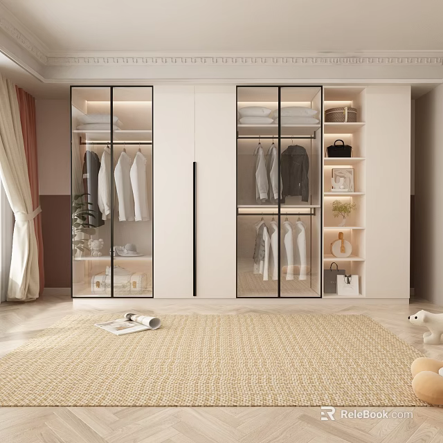 Modern Wardrobe Interior Design with Glass Door Hanging Clothes and Storage Shelves 3d model 
