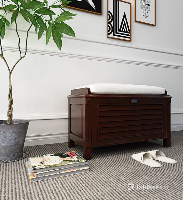 Wooden Storage Bench With White Cushion Green Plant Slippers And Magazines In Indoor Space 3d model 