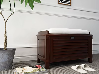 Wooden Storage Bench With White Cushion Green Plant Slippers And Magazines In Indoor Space 3d model