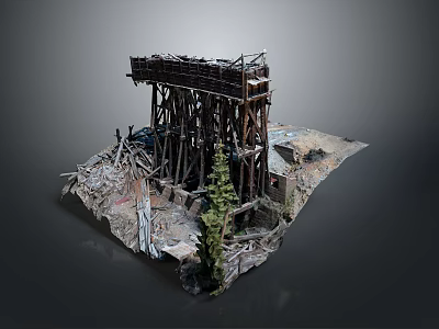 Abandoned Ruined Wooden Bridge Structure With Debris Dirt And Surrounding Trees 3d model