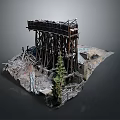 Abandoned Ruined Wooden Bridge Structure With Debris Dirt And Surrounding Trees