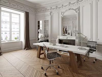 Elegant Modern Office Interior With White Desk Metal Chairs Decorative Mirror And Wooden Floor 3d model