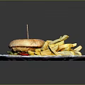 Delicious Hamburger With Sesame Bun Fresh Vegetables And Crispy French Fries On White Plate