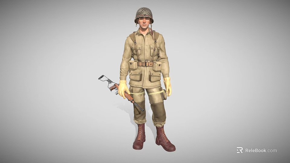 Man in Khaki Military Uniform Wearing Helmet Holding Entrenching Tool and Gear 3d model 