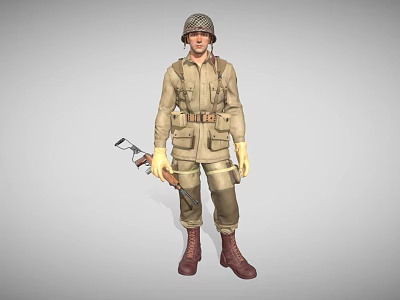 Man in Khaki Military Uniform Wearing Helmet Holding Entrenching Tool and Gear 3d model