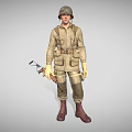 Man in Khaki Military Uniform Wearing Helmet Holding Entrenching Tool and Gear
