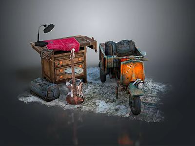 Vintage Orange Motorcycle with Wooden Table Lamp Red Mat Guitar and Luggage 3d model
