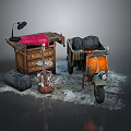 Vintage Orange Motorcycle with Wooden Table Lamp Red Mat Guitar and Luggage