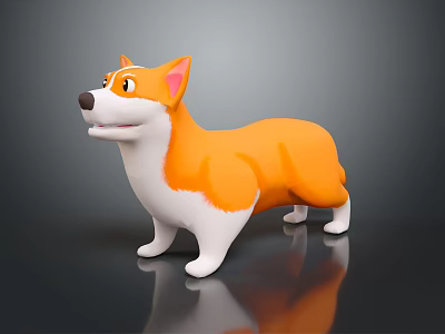 Contemporary Table Displaying Orange White Corgi Model On Reflective Surface 3d model