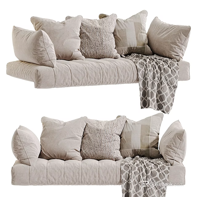 Cozy Neutral Sofa Decor With Multiple Soft Textured Pillows And Knitted Blanket 3d model 