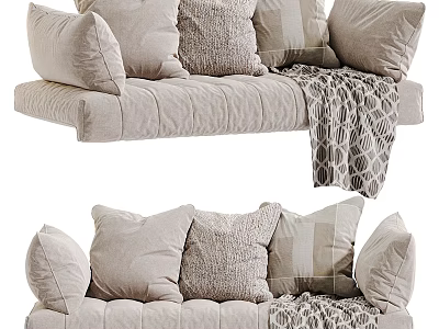 Cozy Neutral Sofa Decor With Multiple Soft Textured Pillows And Knitted Blanket 3d model